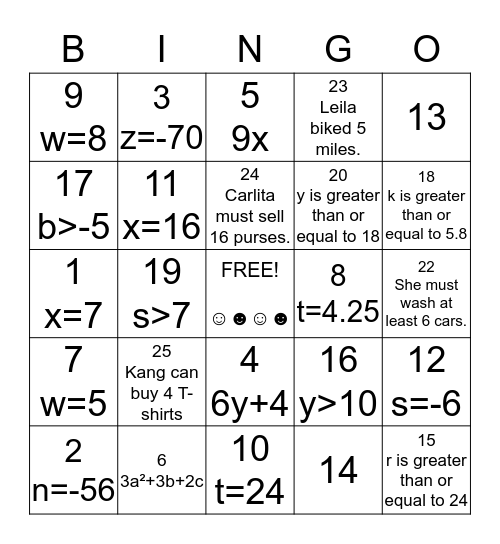 Middle School Math Course 1 Chapter 11 Bingo Card