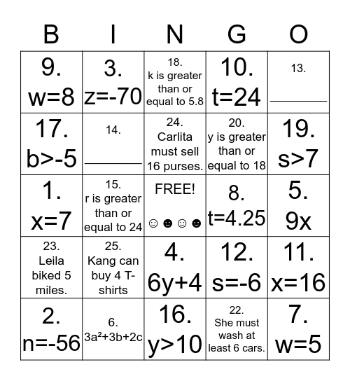 Middle School Math Course 1 Chapter 11 Bingo Card