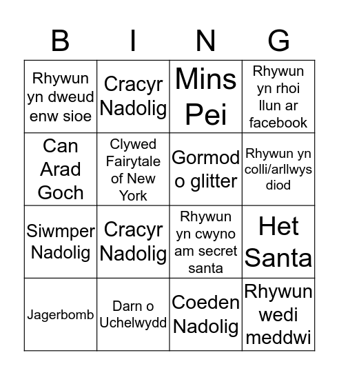 Bingo Nadolig Arad Goch Bingo Card