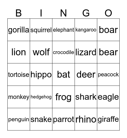 Wild Animals  Bingo Card