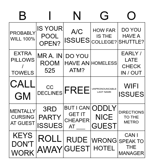 HAMPTON INN BINGO Card