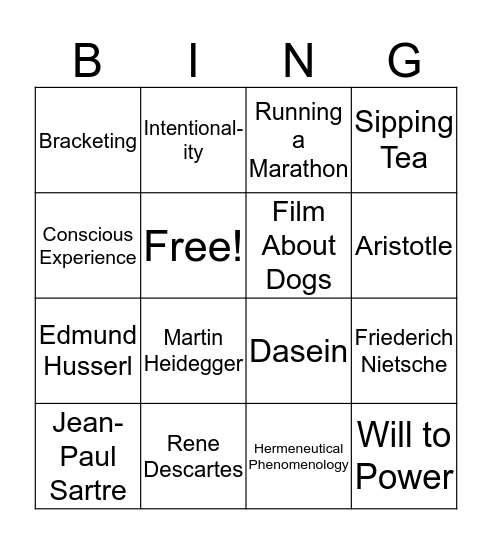 Phenomenology Bingo Card