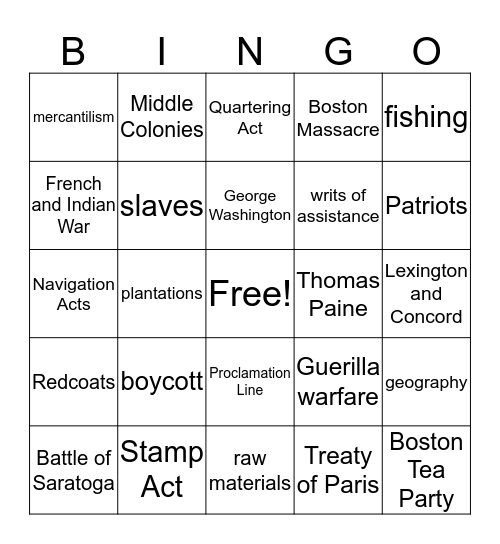 Early Colonial Rule - Causes of American Revolution Bingo Card