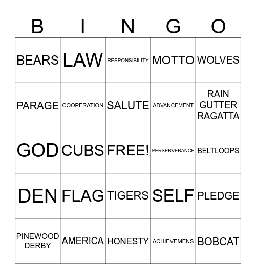 CUB SCOUT BINGO Card