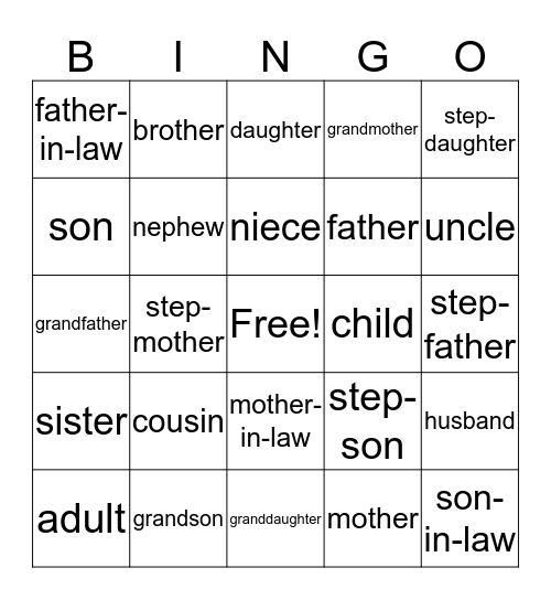 FAMILIES Bingo Card