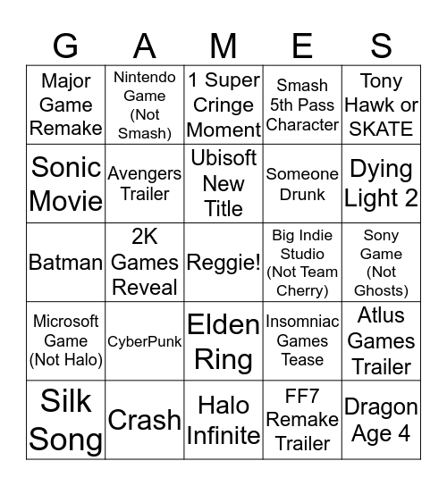 Game Awards Bingo Card