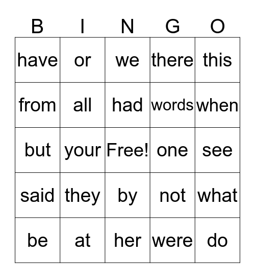 Sight Word Bingo Card