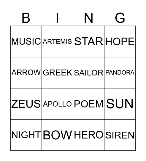 Greek Mythology Bingo Card