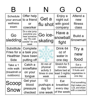 January Workplace Wellness Bingo Card