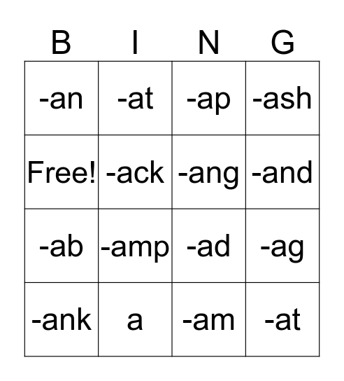 Short a Bingo Card