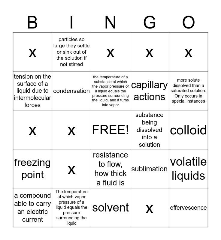 States of Matter Bingo Card