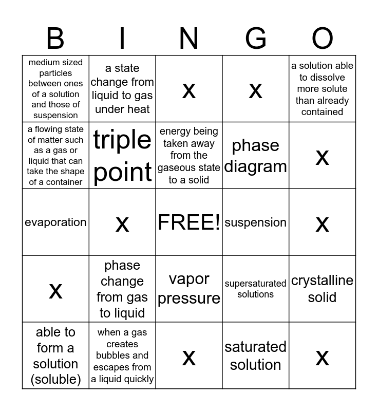 States of Matter Bingo Card