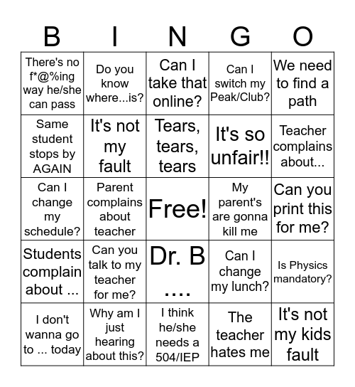 Counseling End of Semester BINGO Card