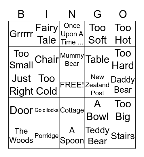 Goldilocks and the Three Bears Bingo Card