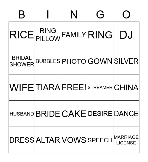 Bridal Shower Bingo Card