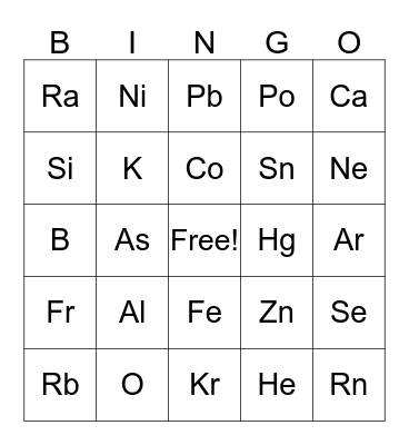 Periodic Table Bingo Card