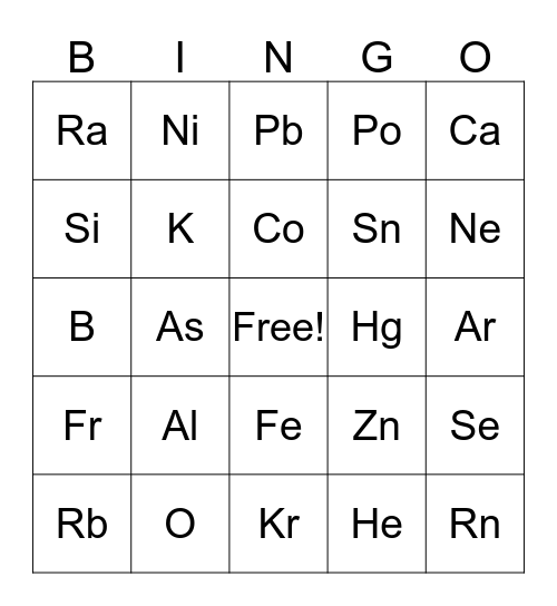 Periodic Table Bingo Card