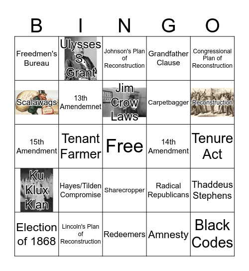 Reconstruction Era Bingo Card