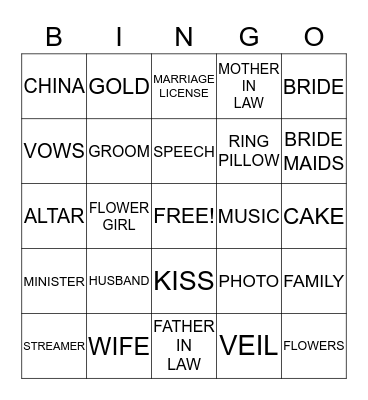 Bridal Shower Bingo Card