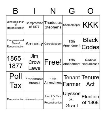 Reconstruction Era Bingo Card