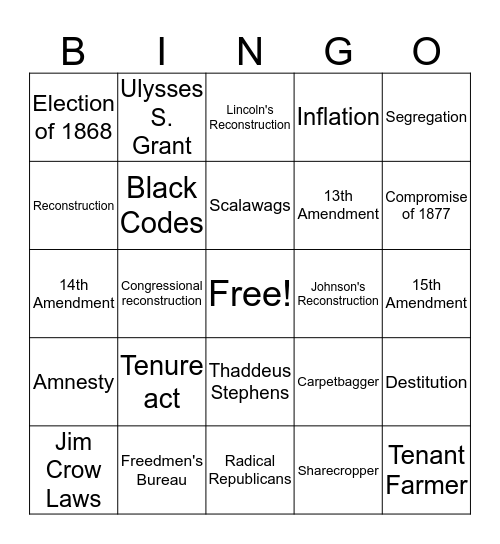 Reconstruction Era Bingo Card