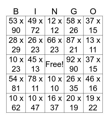 Multiplication Bingo  Bingo Card