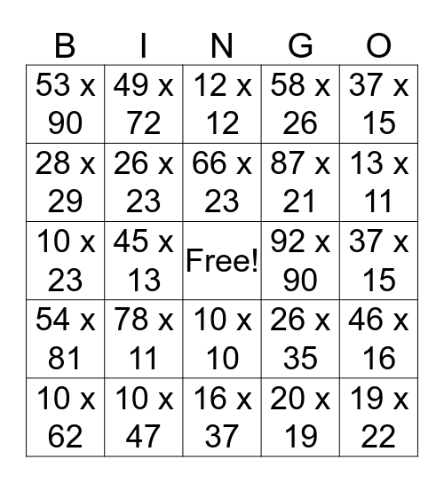 Multiplication Bingo  Bingo Card