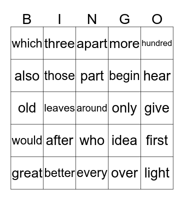 High Frequency Word Review Bingo Card