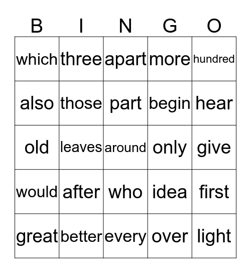 High Frequency Word Review Bingo Card