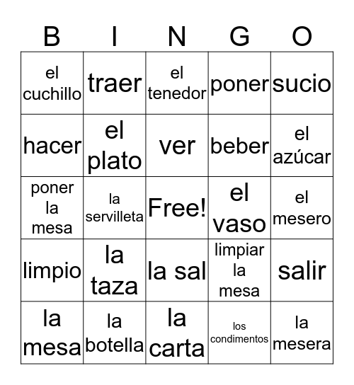 Spanish 1 Unidad 4 D3 Bingo Card