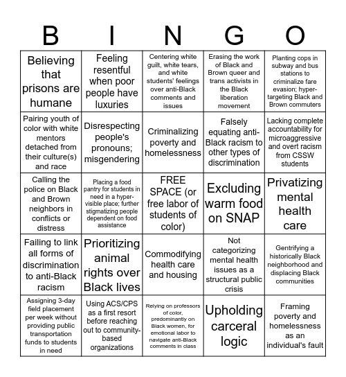Signs that You Are Still Colonizing Social Work: NYC x Columbia University Edition Bingo Card
