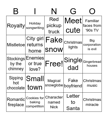 Hallmark Channel Holiday Movie Bingo Card