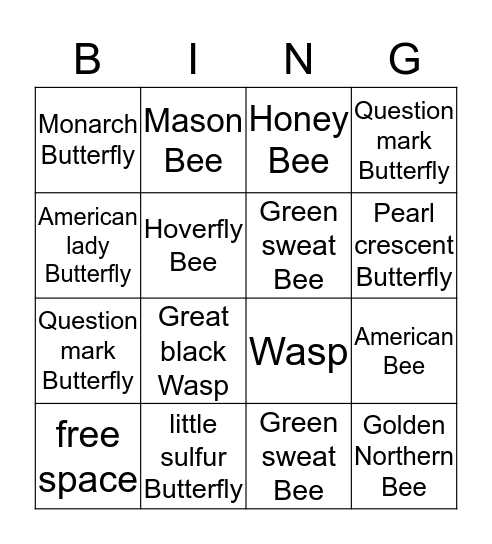 Pollinator Bingo Card