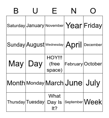 Months and Days Bingo Card