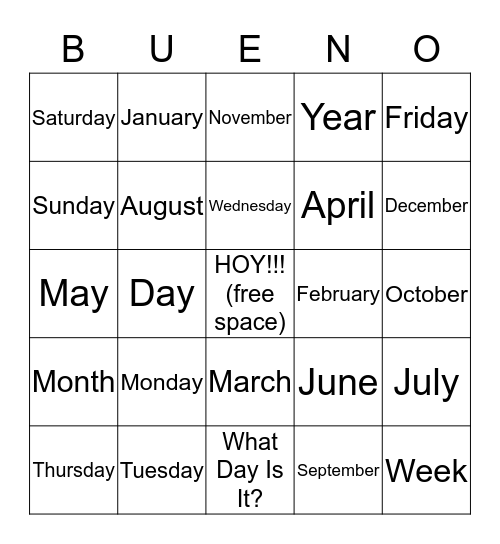 Months and Days Bingo Card