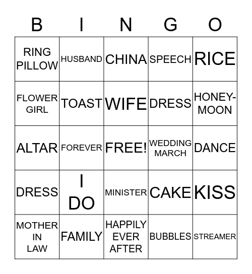 Bridal Shower Bingo Card