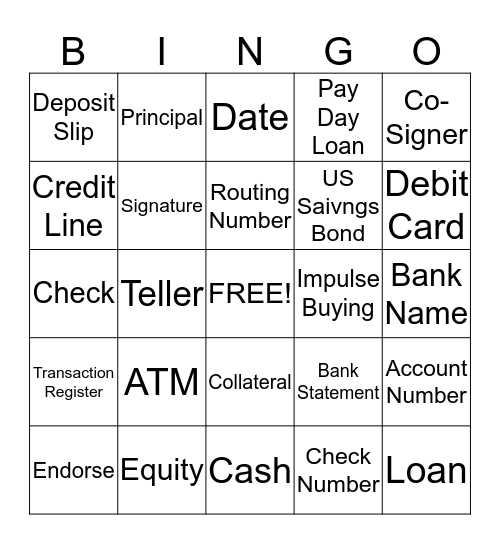 Bank Account Bingo Card