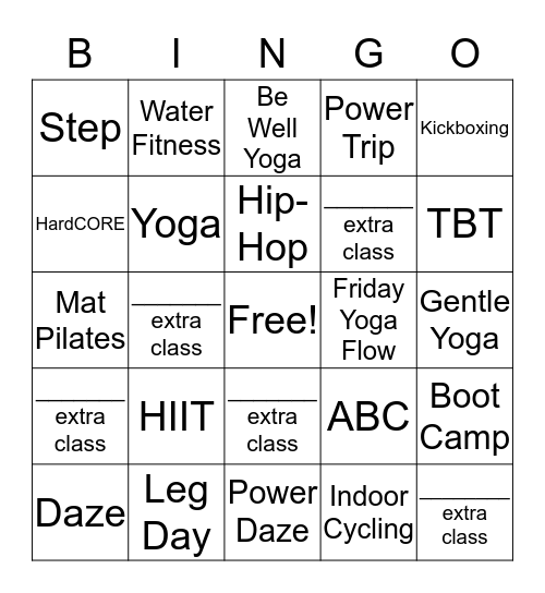Fitness Classes Blackout Bingo Card
