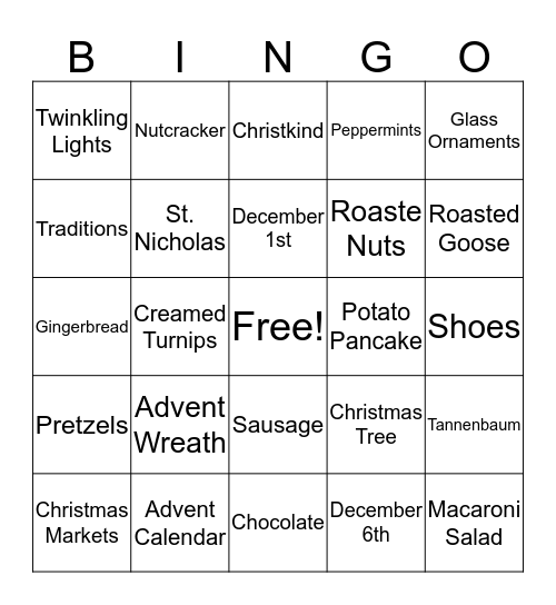 Christmas in Germany BINGO Card