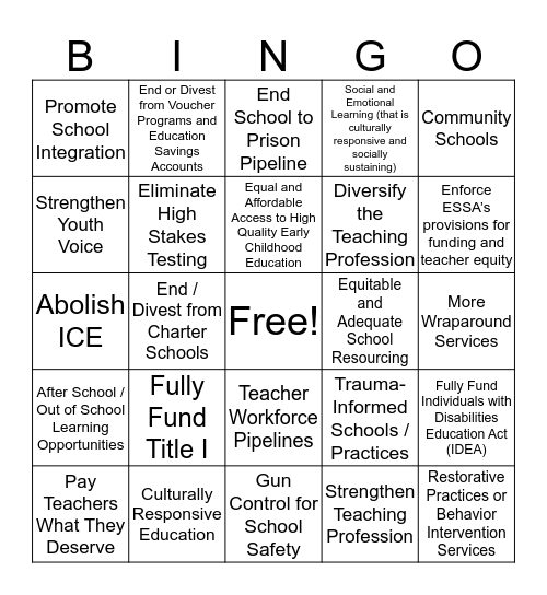 Public Education Forum 2020: Equity and Justice for All BINGO Card