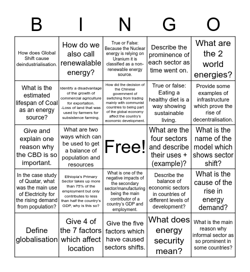 Economic activity and Electrcity Bingo Card