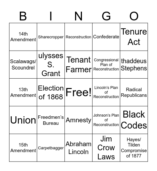 Reconstruction Era  Bingo Card