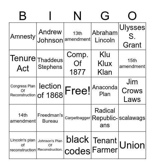 Reconstruction Era Bingo Card