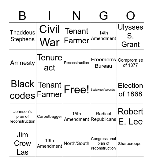 Reconstruction era Bingo Card