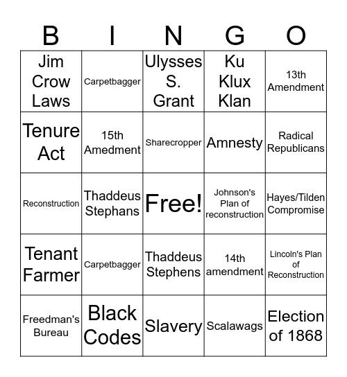 Reconstruction Era Bingo Card