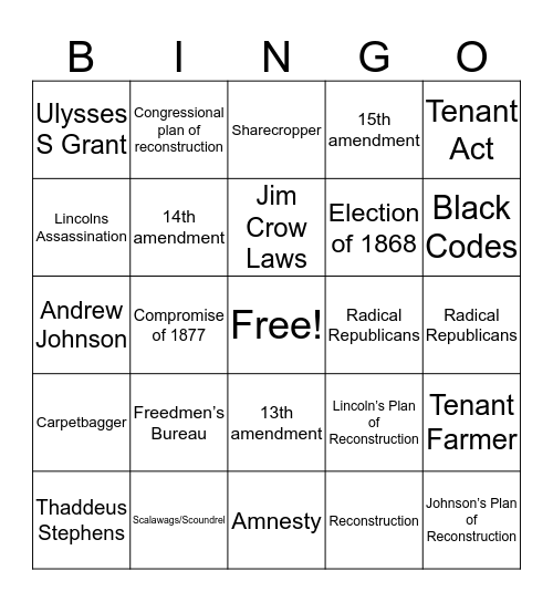 Reconstruction Era Bingo Card