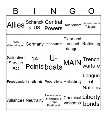 World War I Review Bingo Card