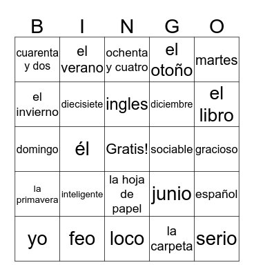 Spanish Bingo Card