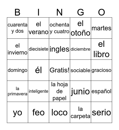 Spanish Bingo Card