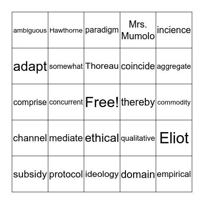 Academic Vocabulary Bingo Card